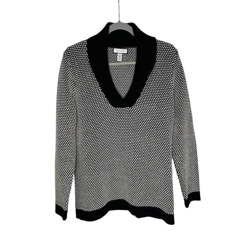 Charter Club Women's M Black White Metallic Knit Shawl Collar Sweater
